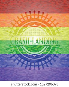 Crash-landing emblem on mosaic background with the colors of the LGBT flag