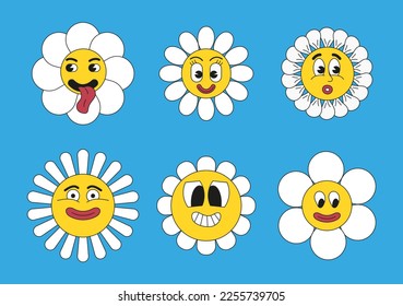 Crasy, groovy hippie 70s, 60s, 50s set vector. Plant character with mascot. Crazy mems of eyes and mouths. Sad, happy emotions . Funny cartoon chamomile with faces. Daisy retro flower collection. 