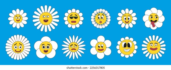 Crasy, groovy hippie 70s, 60s, 50s set vector. Plant character with mascot. Crazy mems of eyes and mouths. Sad, happy emotions . Funny cartoon chamomile with faces. Daisy retro flower collection. 