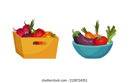 Crate And Bowl Full Of Fresh Vegetable From Greengrocery Vector Set