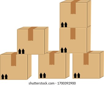 crate boxes eight on wooden pallet, wood pallet with cardboard box in factory warehouse storage, flat style warehouse cardboard parcel boxes stack, packaging cargo, 3d boxes brown isolated on white