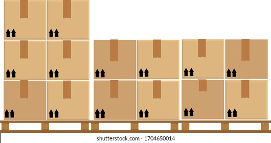 crate boxes eight on wooden pallet, wood pallet with cardboard box in factory warehouse storage, flat style warehouse cardboard parcel boxes stack, packaging cargo, 3d boxes brown isolated on white
