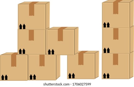 crate boxes eight on wooden pallet, wood pallet with cardboard box in factory warehouse storage, flat style warehouse cardboard parcel boxes stack, packaging cargo, 3d boxes brown isolated on white