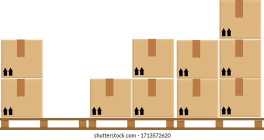 crate boxes eight on wooden pallet, wood pallet with cardboard box in factory warehouse storage, flat style warehouse cardboard parcel boxes stack, packaging cargo, 3d boxes brown isolated on white