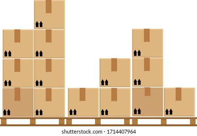 crate boxes eight on wooden pallet, wood pallet with cardboard box in factory warehouse storage, flat style warehouse cardboard parcel boxes stack, packaging cargo, 3d boxes brown isolated on white