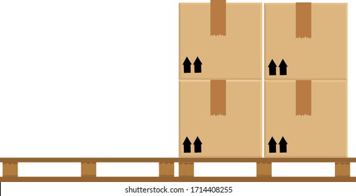 cajas de cartón 8 en palet de madera, palet de madera con caja de cartón en almacén de fábrica, cajas de cartón de almacén de estilo plano pila, carga de embalaje, cajas marrón 3d aisladas en blanco