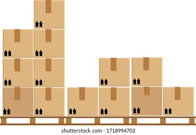 crate boxes eight on wooden pallet, wood pallet with cardboard box in factory warehouse storage, flat style warehouse cardboard parcel boxes stack, packaging cargo, 3d boxes brown isolated on white