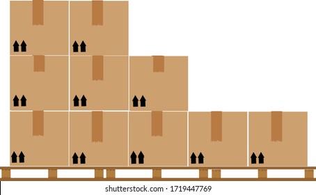 crate boxes eight on wooden pallet, wood pallet with cardboard box in factory warehouse storage, flat style warehouse cardboard parcel boxes stack, packaging cargo, 3d boxes brown isolated on white