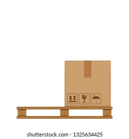 crate boxes on wooden pallet, wood pallet with cardboard box in factory warehouse storage, flat style warehouse cardboard parcel boxes stack, packaging cargo, 3d boxes brown isolated white background