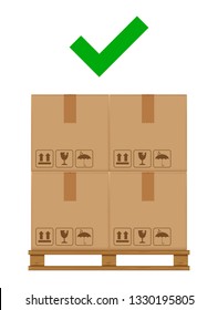 crate boxes on wooden pallet and check mark green for product arrangement concept, stack cardboard box in factory warehouse storage, cardboard parcel boxes packaging cargo brown isolated on white