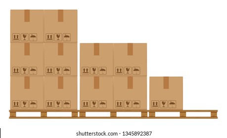 crate boxes on wooden pallet, wood pallet with cardboard box in factory warehouse storage, flat style warehouse cardboard parcel boxes stack, packaging cargo, 3d boxes brown isolated on white