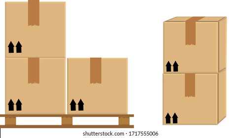 crate boxes on wooden pallet, wood pallet with cardboard box in factory warehouse storage, flat style warehouse cardboard parcel boxes stack, packaging cargo, 3d boxes brown isolated on white