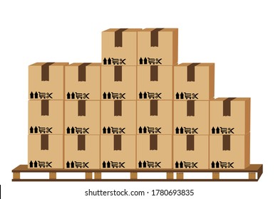 crate boxes on wooden pallet, wood pallet with cardboard box in factory warehouse storage, flat style warehouse cardboard parcel boxes stack, packaging cargo, 3d boxes brown isolated on white