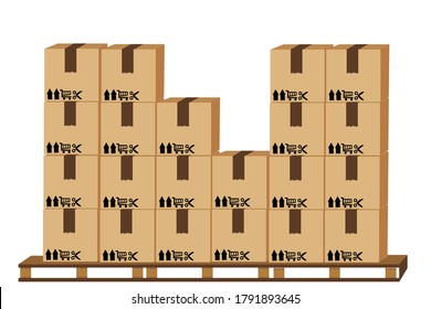 crate boxes on wooden pallet, wood pallet with cardboard box in factory warehouse storage, flat style warehouse cardboard parcel boxes stack, packaging cargo, 3d boxes brown isolated on white