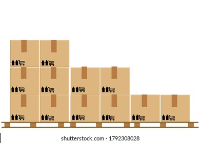 crate boxes on wooden pallet, wood pallet with cardboard box in factory warehouse storage, flat style warehouse cardboard parcel boxes stack, packaging cargo, 3d boxes brown isolated on white