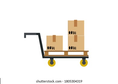 crate boxes on wooden pallet, wood pallet with cardboard box in factory warehouse storage, flat style warehouse cardboard parcel boxes stack, packaging cargo. 3d boxes brown isolated on white