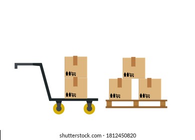 crate boxes on wooden pallet, wood pallet with cardboard box in factory warehouse storage, flat style warehouse cardboard parcel boxes stack, packaging cargo. 3d boxes brown isolated on white