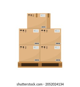 Crate boxes on wooden pallet. Stack of cardboard box for warehouse storage. Flat and solid color vector illustration.