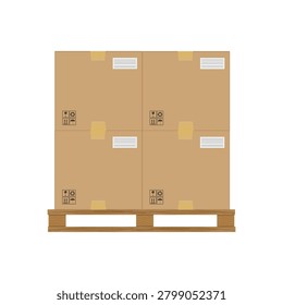 crate boxes on wooden pallet, wood pallet with cardboard box in factory warehouse storage, flat style warehouse cardboard parcel boxes stack, packaging cargo, boxes brown isolated on white