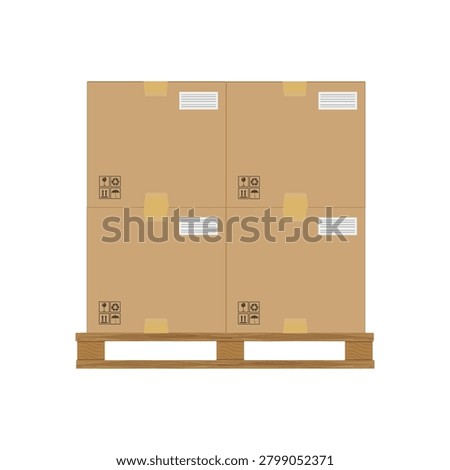 crate boxes on wooden pallet, wood pallet with cardboard box in factory warehouse storage, flat style warehouse cardboard parcel boxes stack, packaging cargo, boxes brown isolated on white