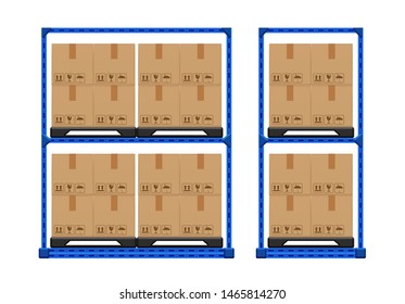 crate boxes product on pallet for arrangement, pallet shelf with cardboard box in factory warehouse, cardboard parcel boxes in factory cargo storage, stack boxes container brown isolated on white