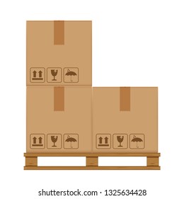 crate boxes three on wooden pallet, wood pallet with cardboard box in factory warehouse storage, flat style warehouse cardboard parcel boxes stack, packaging cargo, 3d boxes brown isolated on white