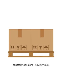 crate boxes two on wooden pallet, wood pallet with cardboard box in factory warehouse storage, flat style warehouse cardboard parcel boxes stack, packaging cargo, 3d boxes brown isolated on white