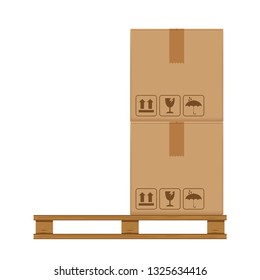 crate boxes two on wooden pallet, wood pallet with cardboard box in factory warehouse storage, flat style warehouse cardboard parcel boxes stack, packaging cargo, 3d boxes brown isolated on white