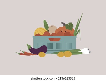 A crate of fruits and vegetables, harvesting season