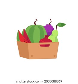 Crate full of fresh ripe fruits - watermelon, pear, grape and pomegranate. Organic natural food for healthy nutrition or vegetarian diet. Flat cartoon vector isolated illustration.