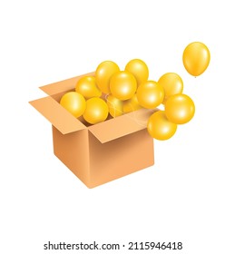 The crate was opened and several yellow balloons overflowed and flew out of the box,vector 3d isolated on white  background for 
 shopping advertising concept design