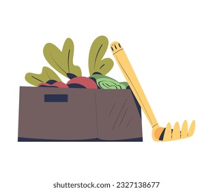 Crate with Ripe Vegetables and Rake as Seasonal Harvesting and Yield Vector Illustration