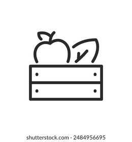 Cajón con verduras y frutas, icono de estilo lineal. Una caja llena de verduras y frutas, cosecha y productos agrícolas. Ancho de trazo editable.