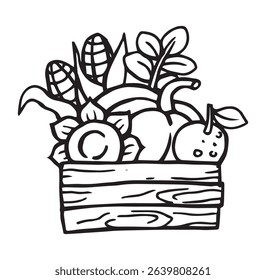 crate with vegetables and fruits. vector illustration doodle. harvest festival, thanksgiving day