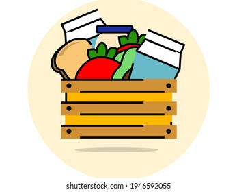 Crate Or Wooden Box Used To Transport Products. Contains Milk, Tomatoes, Avocado, Mayonnaise, And Bread