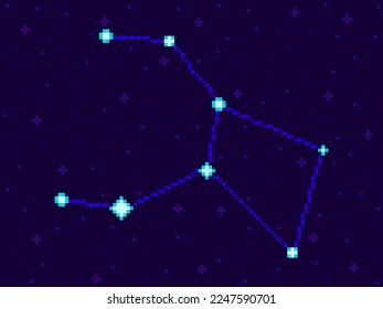 Crater constellation in pixel art style. 8-bit stars in the night sky in retro video game style. Cluster of stars and galaxies. Design for applications, banners and posters. Vector illustration