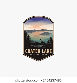 Ilustración de la insignia del logotipo del parque nacional del lago del cráter, diseño hermoso del Vector del paisaje del lago