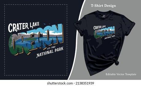 Crater Lake National Park Oregon T-Shirt Design. T shirt Template with a view of Wizard Island for Camping Tee Print, Hiking Apparel and Clothing