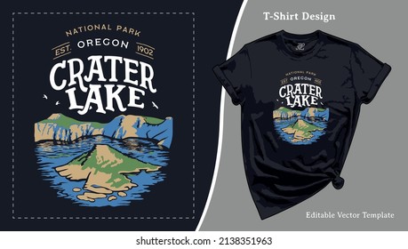 Crater Lake National Park Oregon T-Shirt Design. T shirt Template with a view of Wizard Island for Camping Tee Print, Hiking Apparel and Clothing