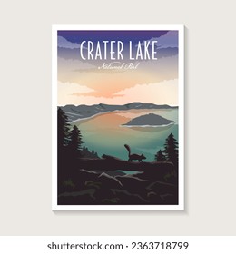 Lago Crater Afiche del parque nacional de diseño vectorial, diseño de afiches de paisaje de lago hermoso