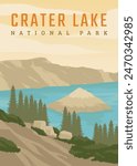 crater lake poster vintage vector illustration design. national park in america vintage poster design