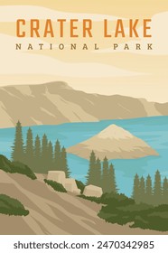 crater lake poster vintage vector illustration design. national park in america vintage poster design