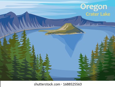 Crater Lake, crater lake in south-central Oregon in the western United State, vector illustration