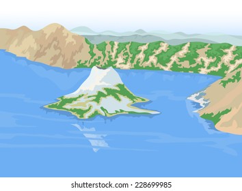 Crater lakes, geological nature landscape vector background