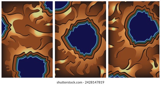 Crater Volcano triptych. Abstract Thermal lake. Solar system. Yellowstone painting. Vector illustration can used design interior art poster banner. EPS 10