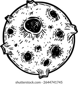 Lua craterada ou ícone de planeta em estilo desenhado à mão, simbolizando espaço, astronomia e detalhes da superfície celeste.