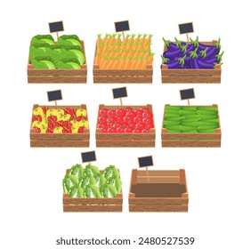 cajas con verduras frescas. Concepto de comida natural y saludable. Verduras orgánicas de la granja recogidas en la caja de madera. Ilustración vectorial en estilo plano