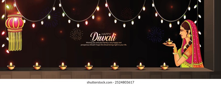 Crative Diwali poster with indian diya lamps and decorative background Vector illustration with hand lettring