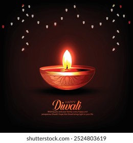 Crative Diwali poster with indian diya lamps and decorative background Vector illustration with hand lettring