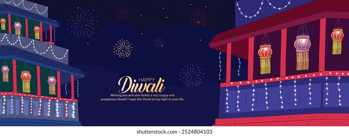 Crative Diwali poster with indian diya lamps and decorative background Vector illustration with hand lettring